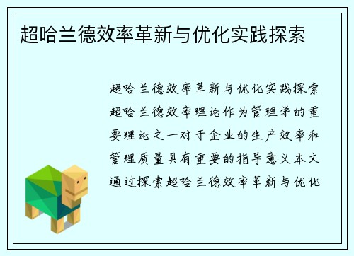 超哈兰德效率革新与优化实践探索